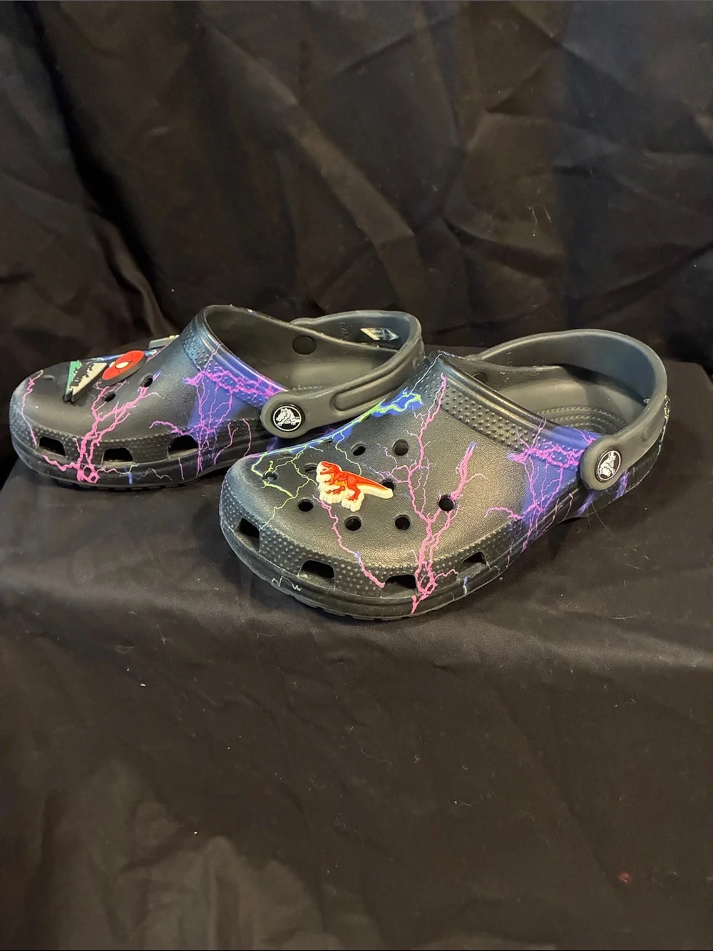 CROCS Kids Clog with Neon Lightning Print - Black, Purple, Blue